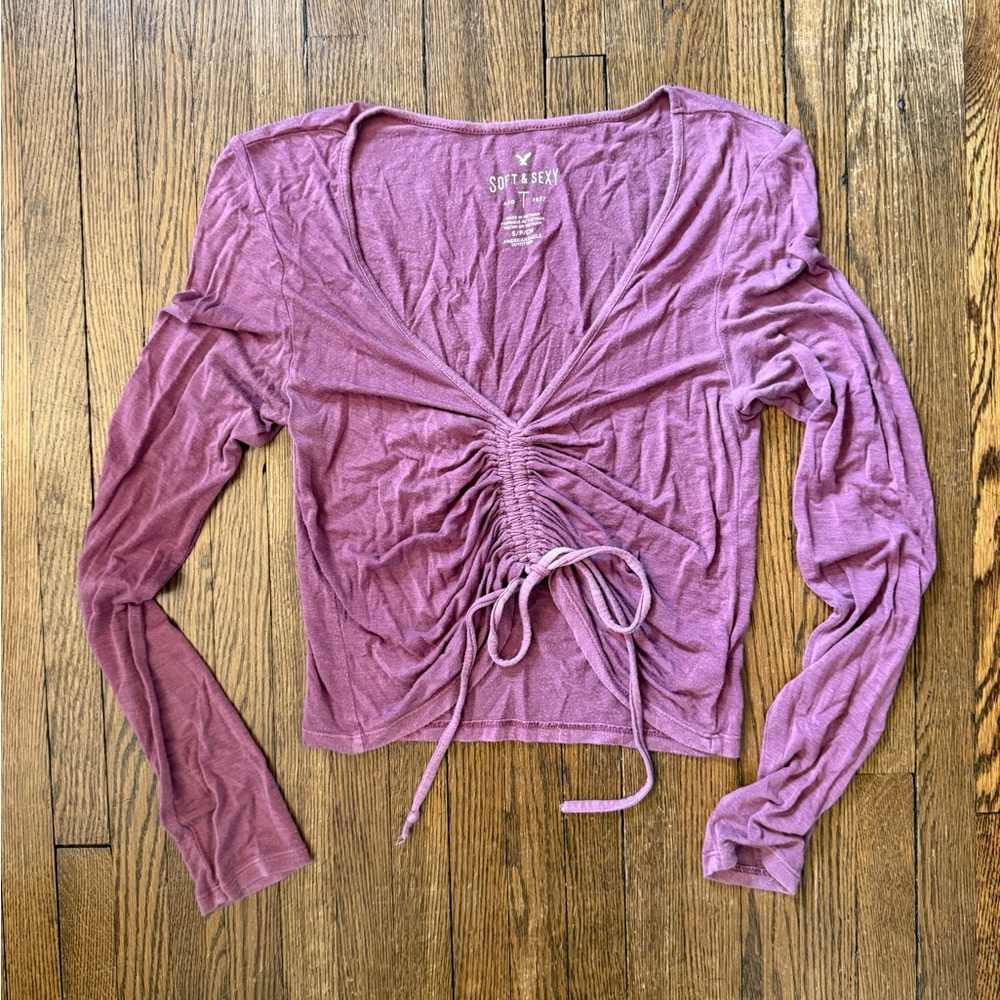 American Eagle Soft & Sexy Mauve Ruched Long Sleeve Top